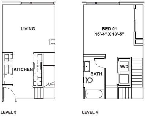 A floor plan shows a living area and a bedroom on the first level and a kitchen on the second level.
